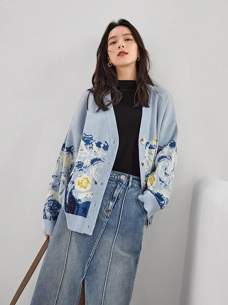 Winter Women's Thick Vneck Knitted Sweater Coat Casual Oversize Cardigan ner Print Jumpers for Female Fashion 261016