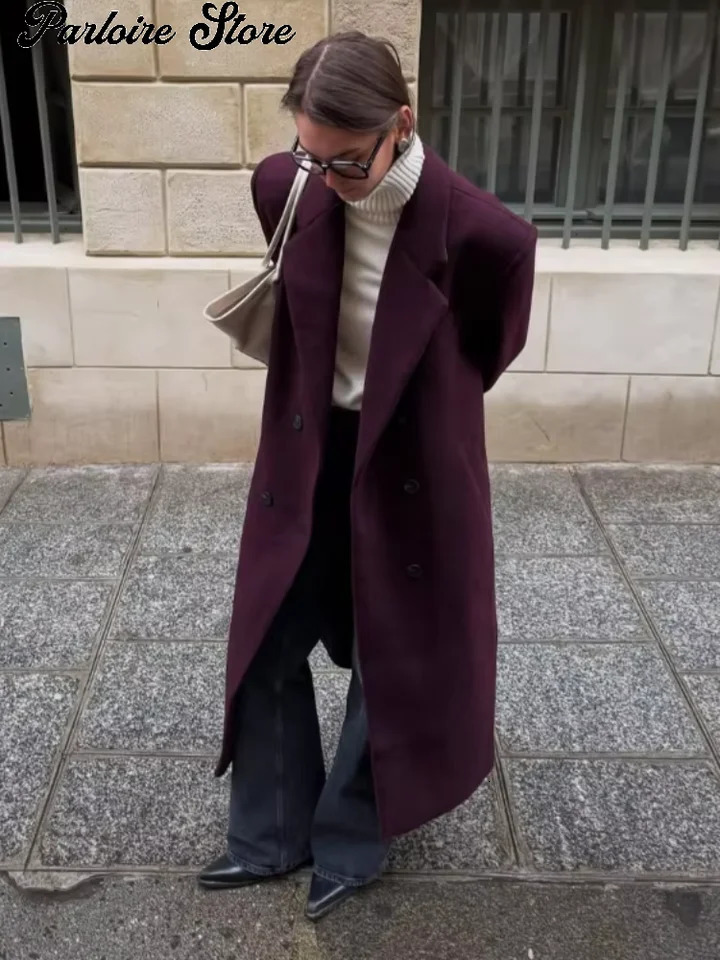 Solid Lapel Faux Woolen Overcoat For Women Full Sleeve Doublebreasted Pockets Long Coat 2026 Autumn office Lady Commute Outfit 261010