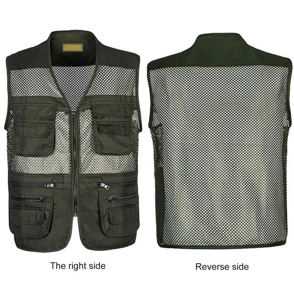 Vests Summer Men Vest Men's Coat Hollow Out Mesh Zipper Closure Multi-pocket Men Jacket Lightweight Sleeveless Male Waistcoat For Work WearW261