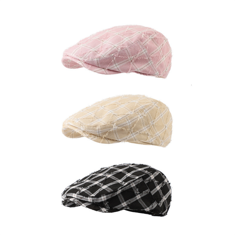 Academy Plaid Retro Forward for Women Spring British Style Duckbill Beret Large Head Circumference Literary Newsboy Hat