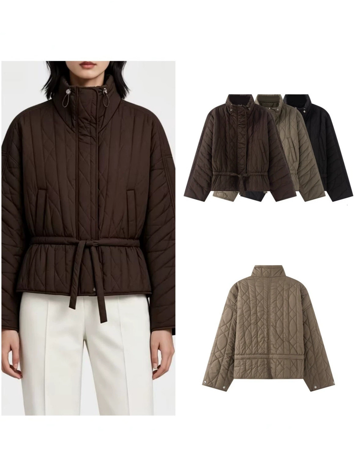Foreign trade autumn winter European and American casual fashion drawstring waist long-sleeve cotton jacket solid color warm outerwear trendy