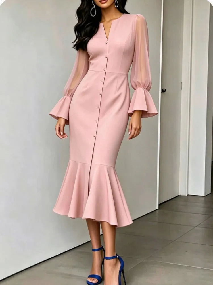 Women V Neck Solid Dress Sheer Long Bell Sleeve Button Front Bodycon Fishtail Dress Elegant Party Wedding Guest Dresses 261017