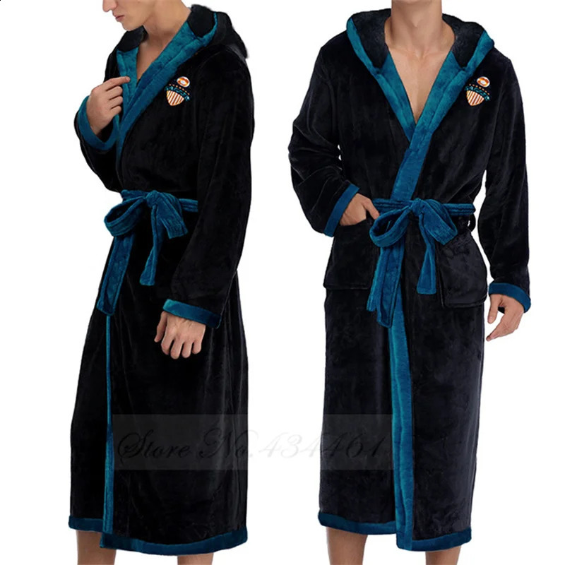 Winter Long Coral Fleece Hooded Robe Mens Flannel Home Clothes Kimono Bathrobe Gown Thicken Loose Casual Sleepwear Lounge Wear 261017