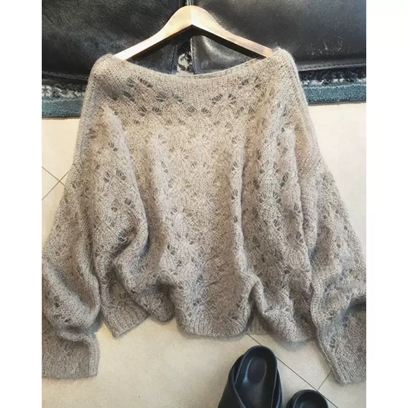 2026 New Designer Cross Border High End Hollow Grey Bottom Women's Early Autumn Thin Soft Leisure Lazy Mohair Knitted Sweater