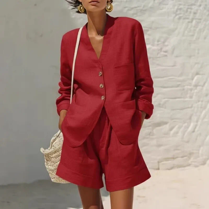 In-stock Cross-border Casual And Simple Linen Two-piece Set Loose Commuting Pocket Suit Fashionable For Women