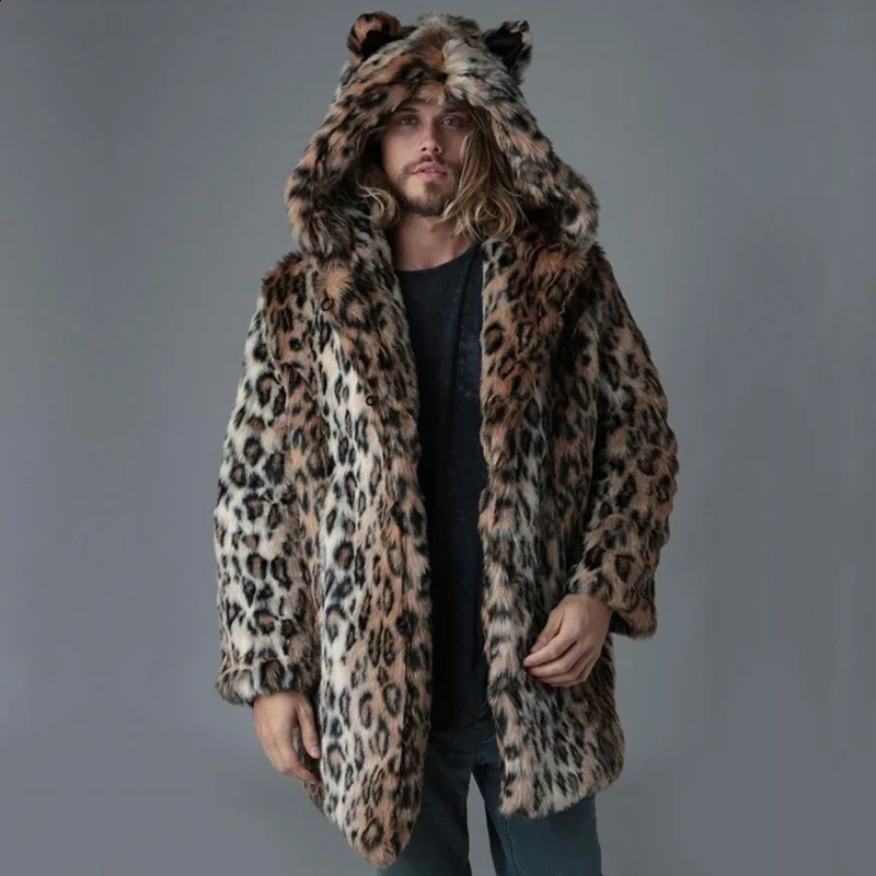 Men Faux Fur Jacket Winter Coat Thick Hooded Leopard Print Mid Length Warm Ears Overcoat Vintage Loose Casual 2025 Outerwear 261008