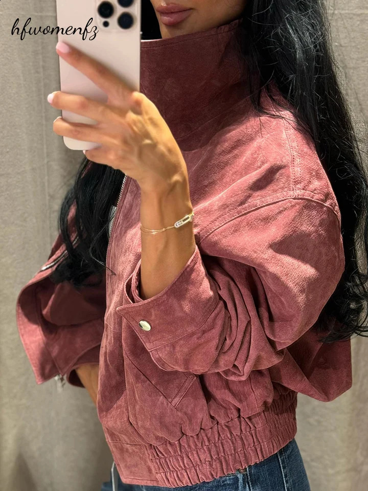 Casual Womens Suede Cropped Jacket Stand Collar Full Zip Long Sleeve Pockets Coat Female 2026 Autumn Winter Lady Outwear 261017