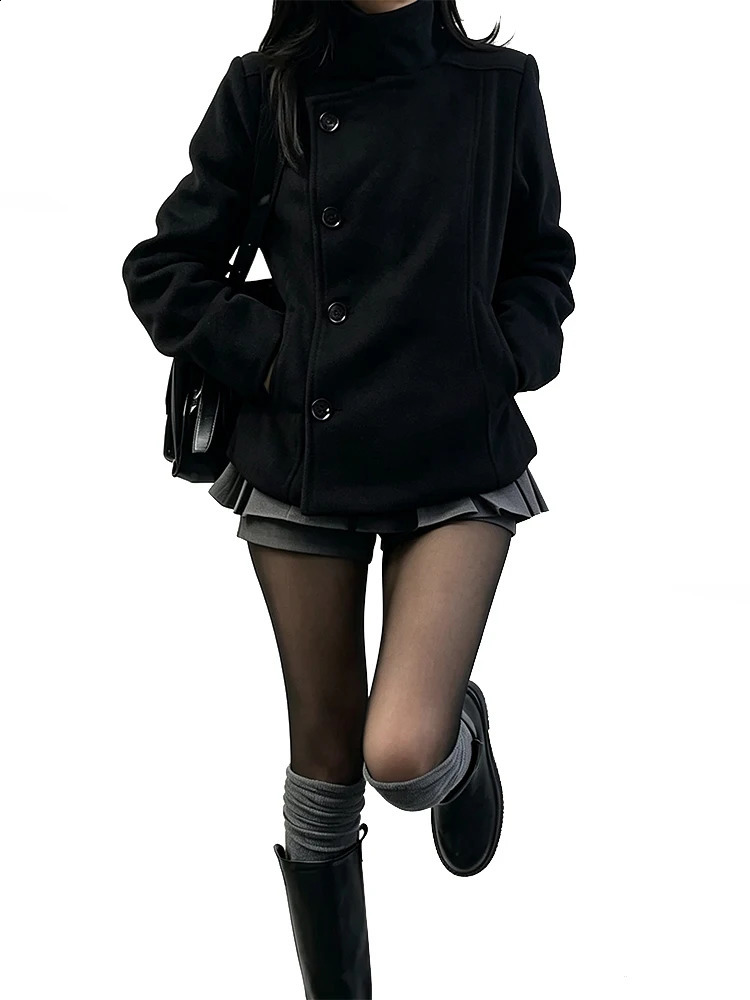 Women's Retro Slim Fit Thick Woolen Coat Korean Style High Neck Diagonal Button n for Autumn Winter Fashion 261014