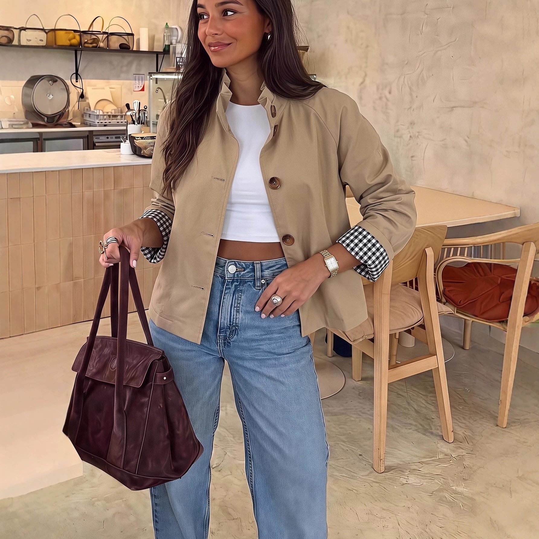 Women 2026 New Autumn European American Style Short Trench Coat Loose Fit Jacket With Plaid Cuff Trim Trendy Elegant Soft Casual Daily Street Outerw