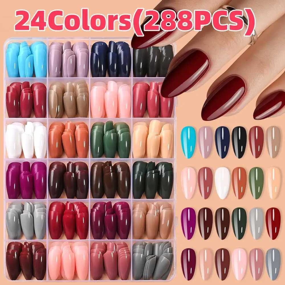 False Nails 24Colors 288pcs Glossy Medium Almond Fake Nails Solid Color Simple Press On Nail for Women Wearable Colorful False Fingertips 1 Q261017