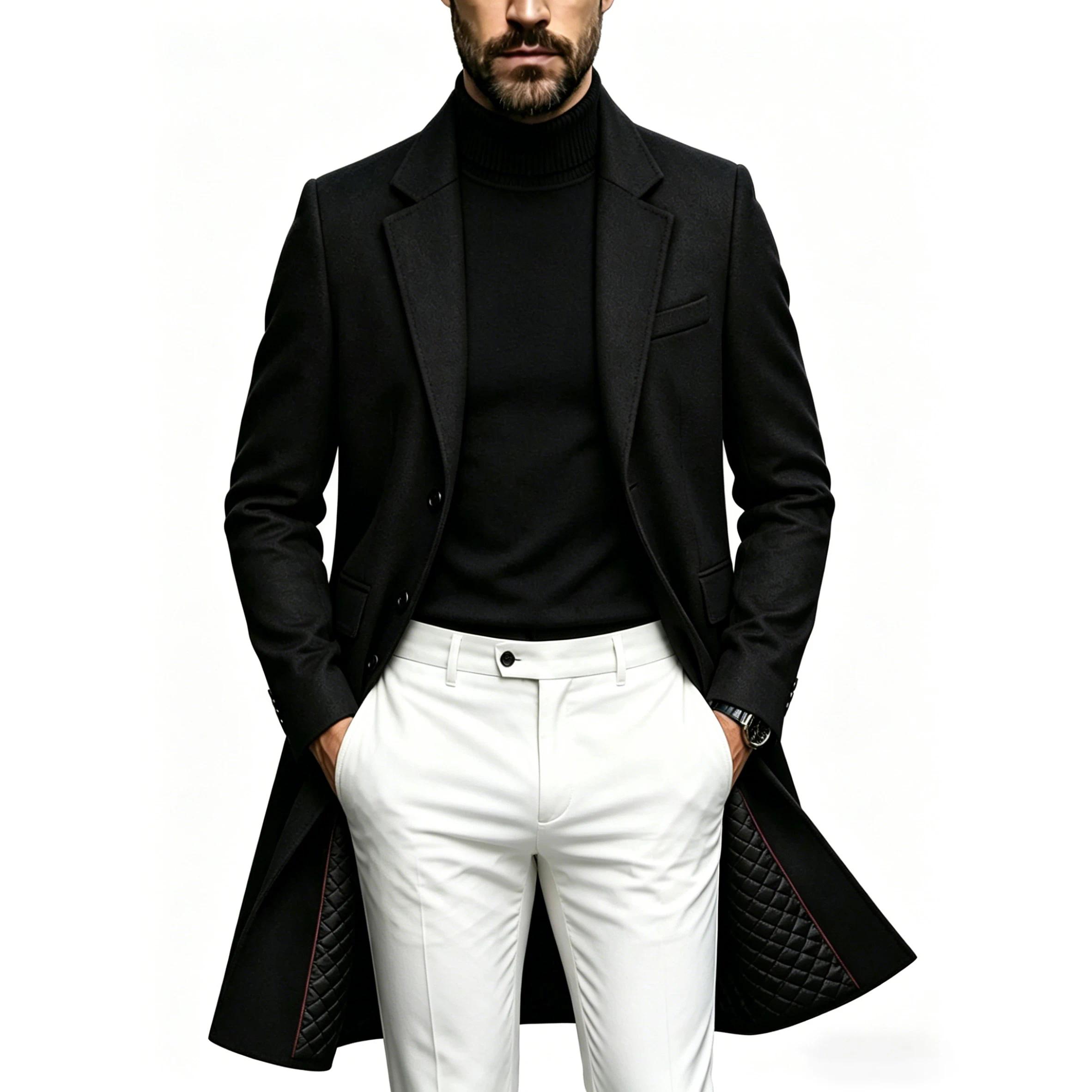 Men's Long Wool Blend Overcoat, Quilted Lined Warm Trench Coat for Winter, Business Casual Formal Outerwear, Grey Black