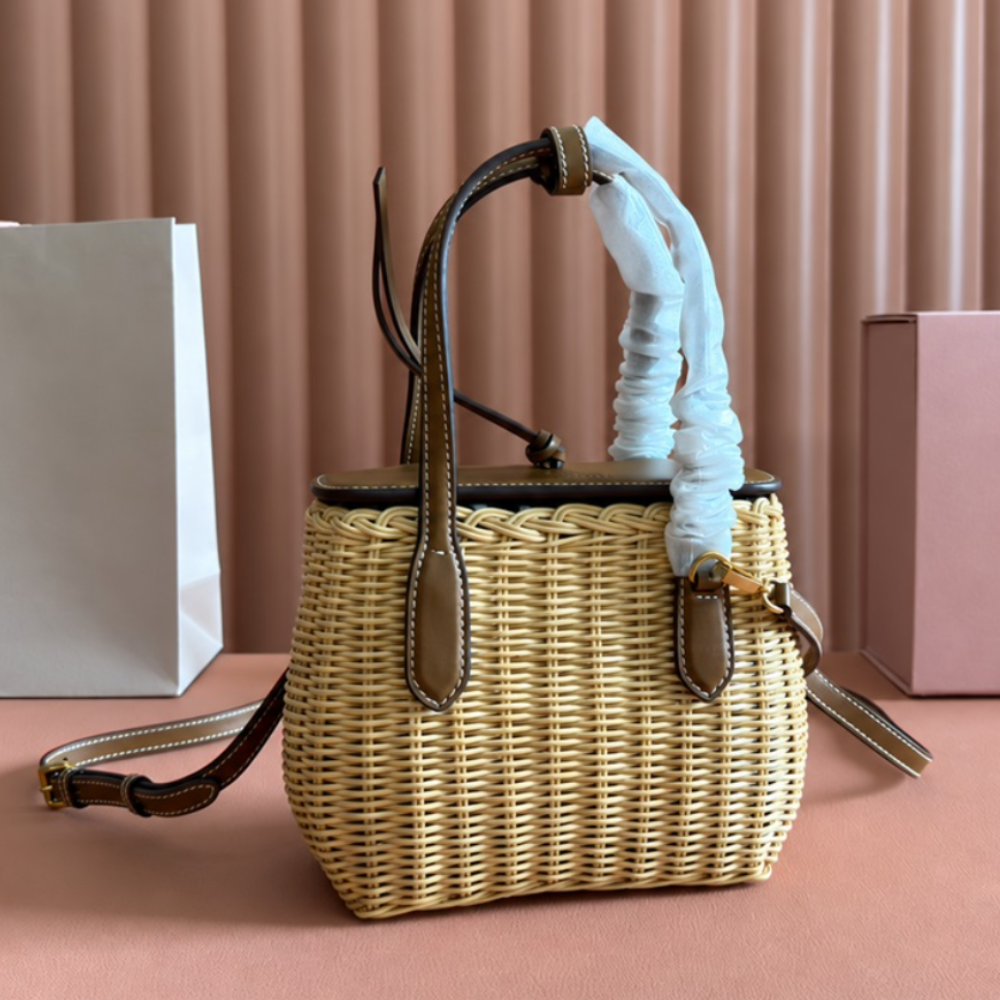 Woven Basket Bag Handwoven Wicker Mini Tote Leather Trim Top Handle Crossbody Chic Summer Beach Resort Top-Tier Designer Bag