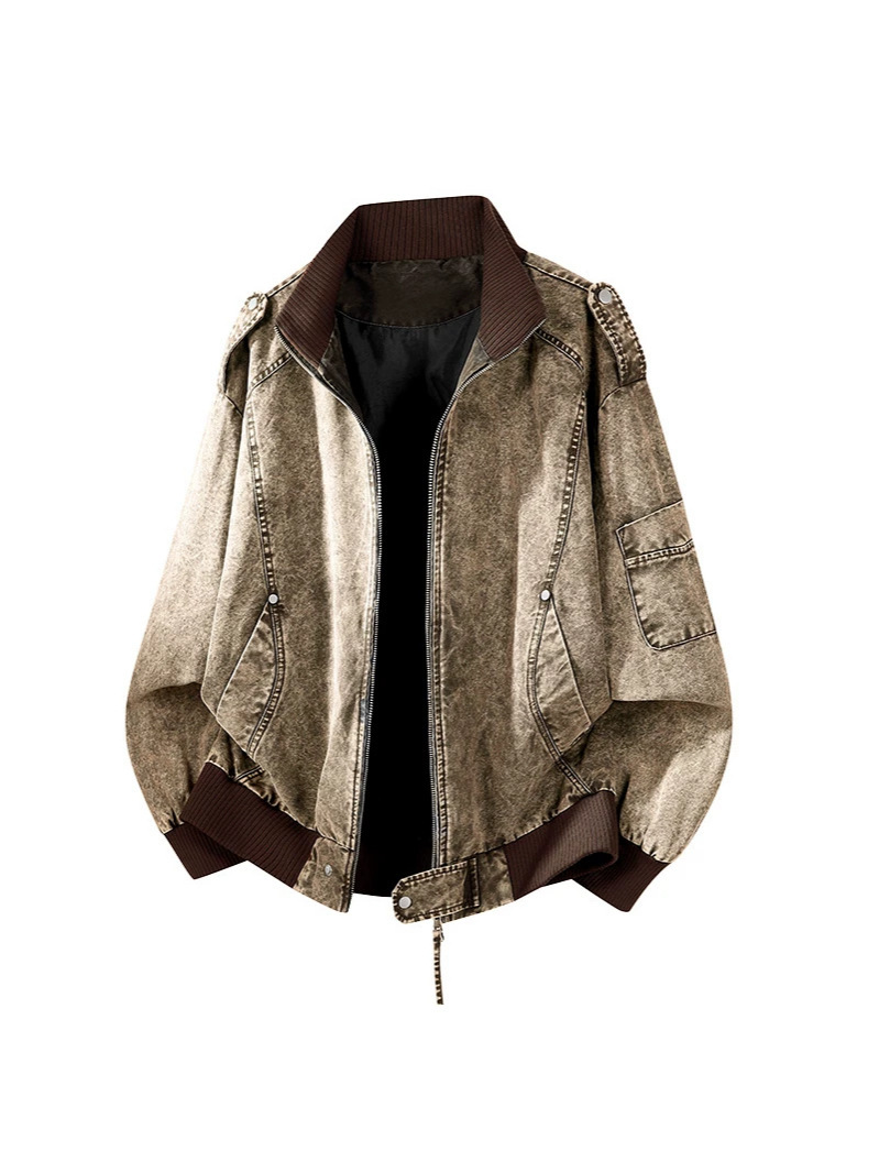 Men Autumn Washed Denim Jacket Loose Fit Stand Collar Workwear Retro Motorcycle Style Heavyweight Coat Durable Casual Daily Street Outerwear For Men
