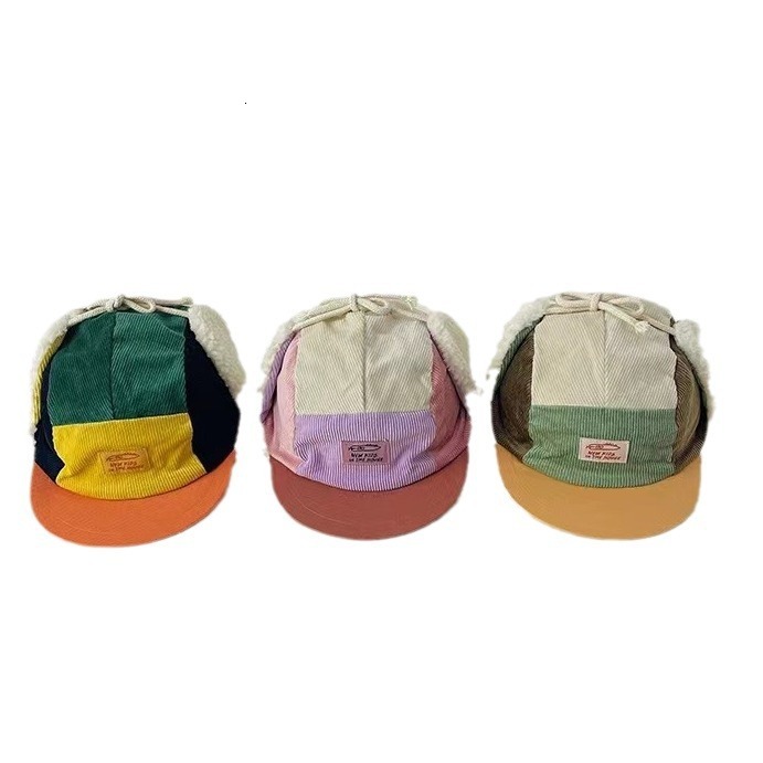 Koreanstyle children's baseball cap corduroy patchwork trendy baby hat colorful warm and earprotecting Lei Feng hat
