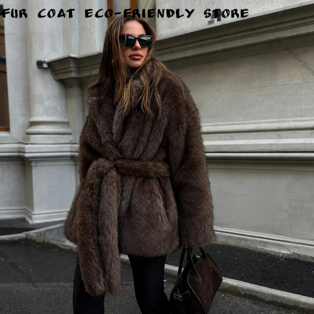 Woman Faux Fur Coat High Elegant Fashion Collar Women's Belted Waist Winter Warm y 261016