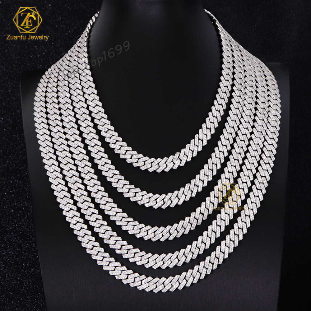 Factory Wholesale Custom Vvs Moissanite Diamond 8mm 10mm 12mm Cuban Link Chain Necklace 925 Silver Fine Jewelry for Man Woman