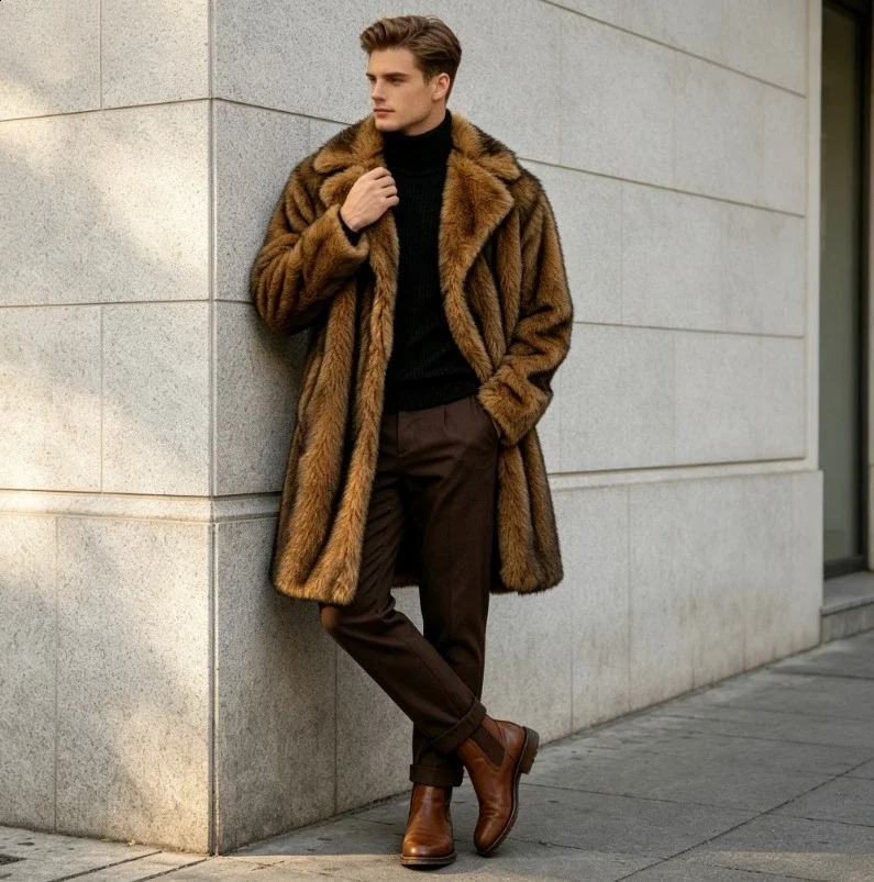 Men Faux Fur Coats Thick 2026 Autumn WinterOvercoats Jackets Long Sleeves Turn Down Collar Open Stitch Straight Maxi Casual 261013