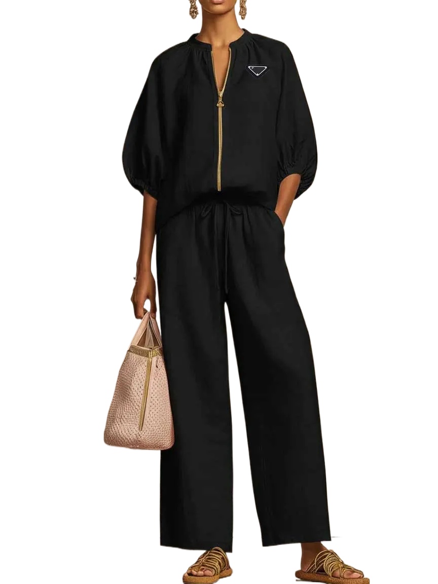 Fashion Ladies Solid Linen Matching Two Piece Set Stand Neck Gold Zipper Bubble Sleeve Loose Top High Waist Wide Leg Trousers With Side Pockets Summ