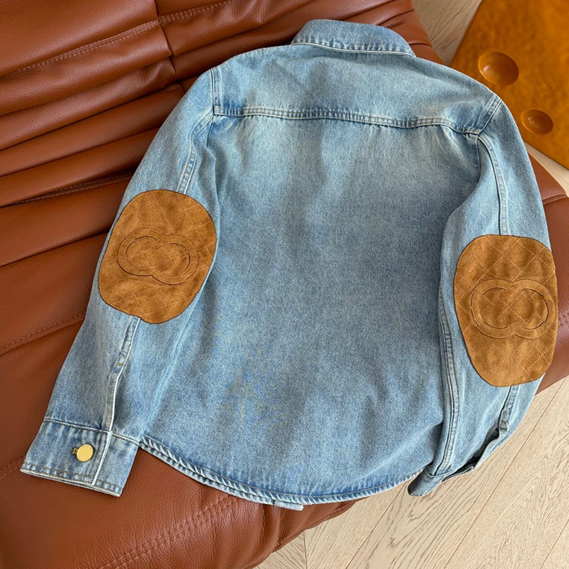 Classic Women Denim Shirt Jackets Lapel Neck Elbow Patches Vintage Coats Autumn Winter Streetwear Y2K Style Long Sleeve Jean Outwear