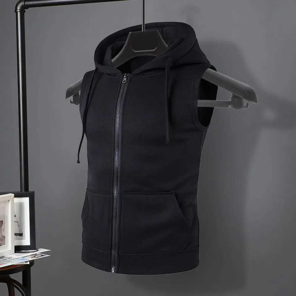 Vest Men's Vests Jacket Men Hooded Drawstring Sleeveless Zipper Placket Vest Coat Solid Color Pockets Zipper Placket WaistcoatW261017
