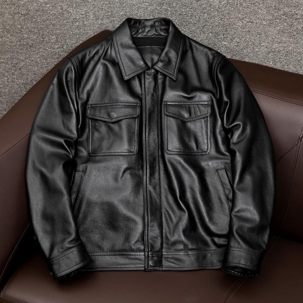 Designer Jacket: Luxury Men Leather Grain Business Notch Lapel Short-cut Padded Plus Size Outerwear Trendy Loose Fit Youth Multi-pocket Outdoor Work
