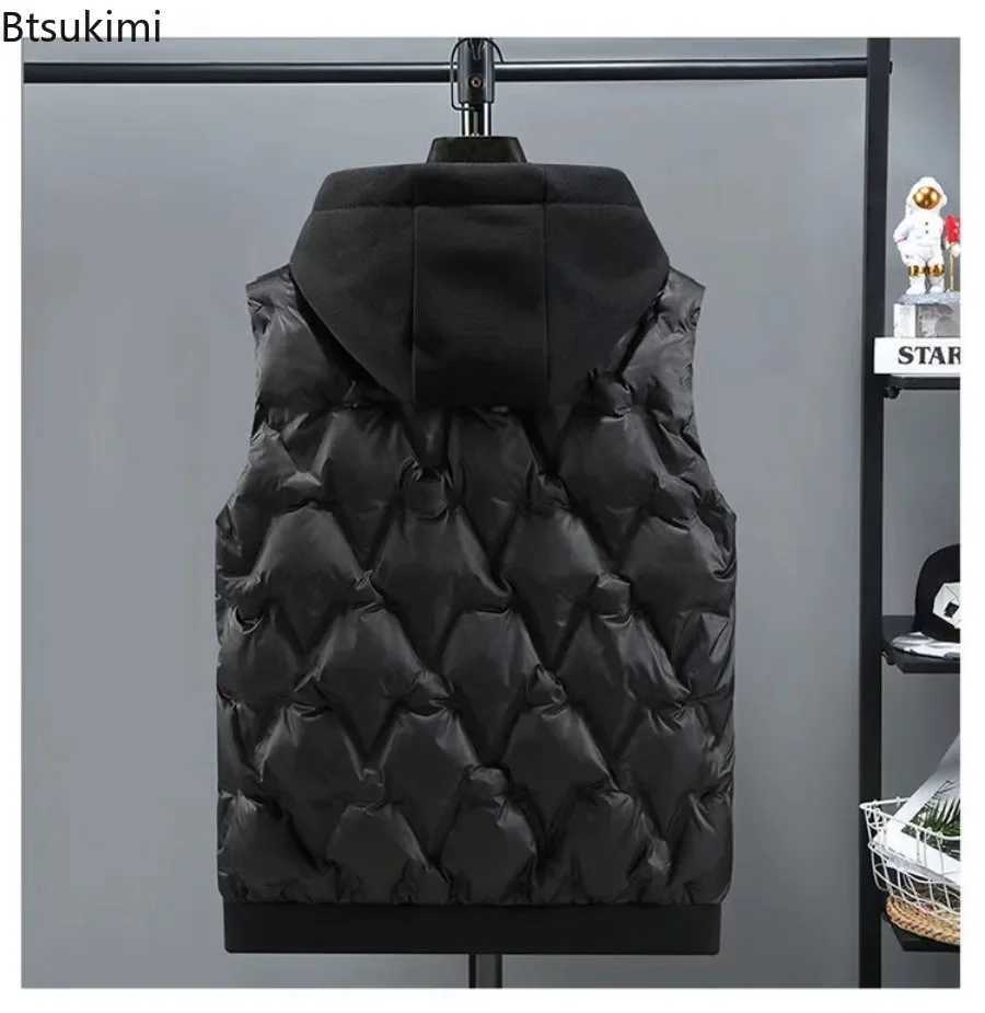 New Autumn Winter Men's Vests Men's Thicken Hooded Parkas Vest Fashion Solid Sleeveless Jacket Male Outdoor Casual Windproof Warm Vest Coa
