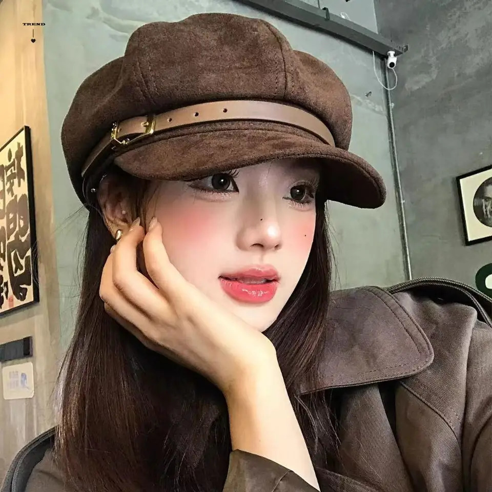 Personality British Style Pu Leather Beret Belt Buckle Brown Suede Octagonal Hat Artist Hat Korean Style Painter Hat Ladies261016