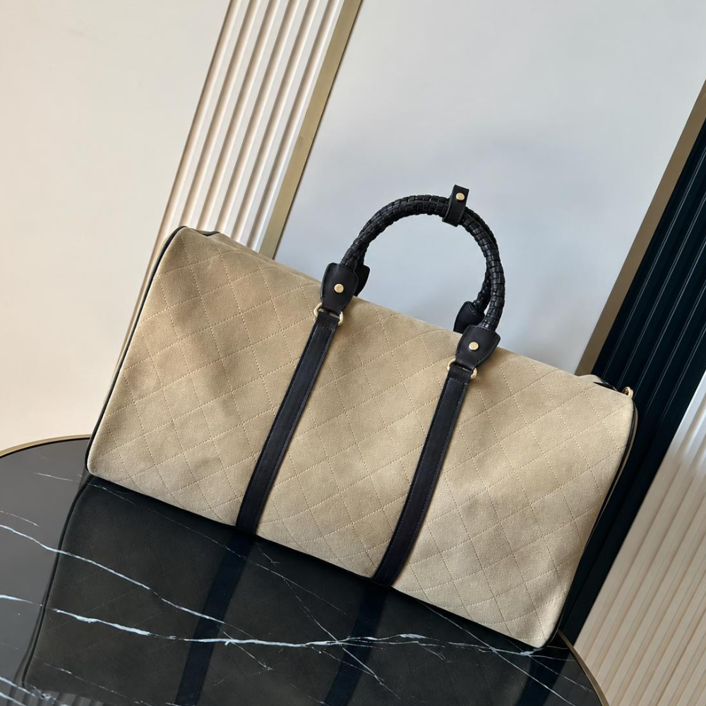 Boston Bowling Bag Quilted Suede Leather Woven Top Handles Spacious Zip Closure Elegant Weekend Travel Top-Tier Designer Bag