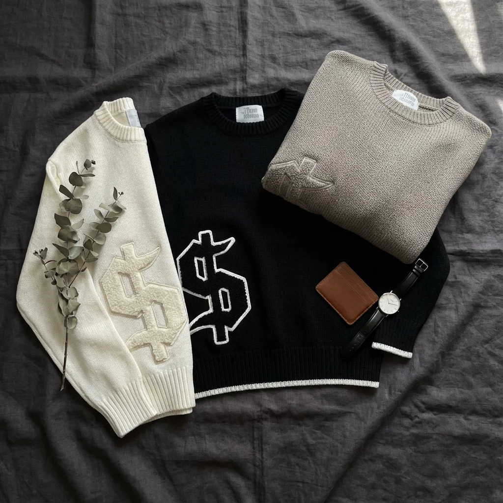 Street Men and Women Oversized Crew Neck Pullover Gothic Dollar Sign Patch Knit Sweater Y2K Harajuku Retro Fashion Knit Pullover 261014