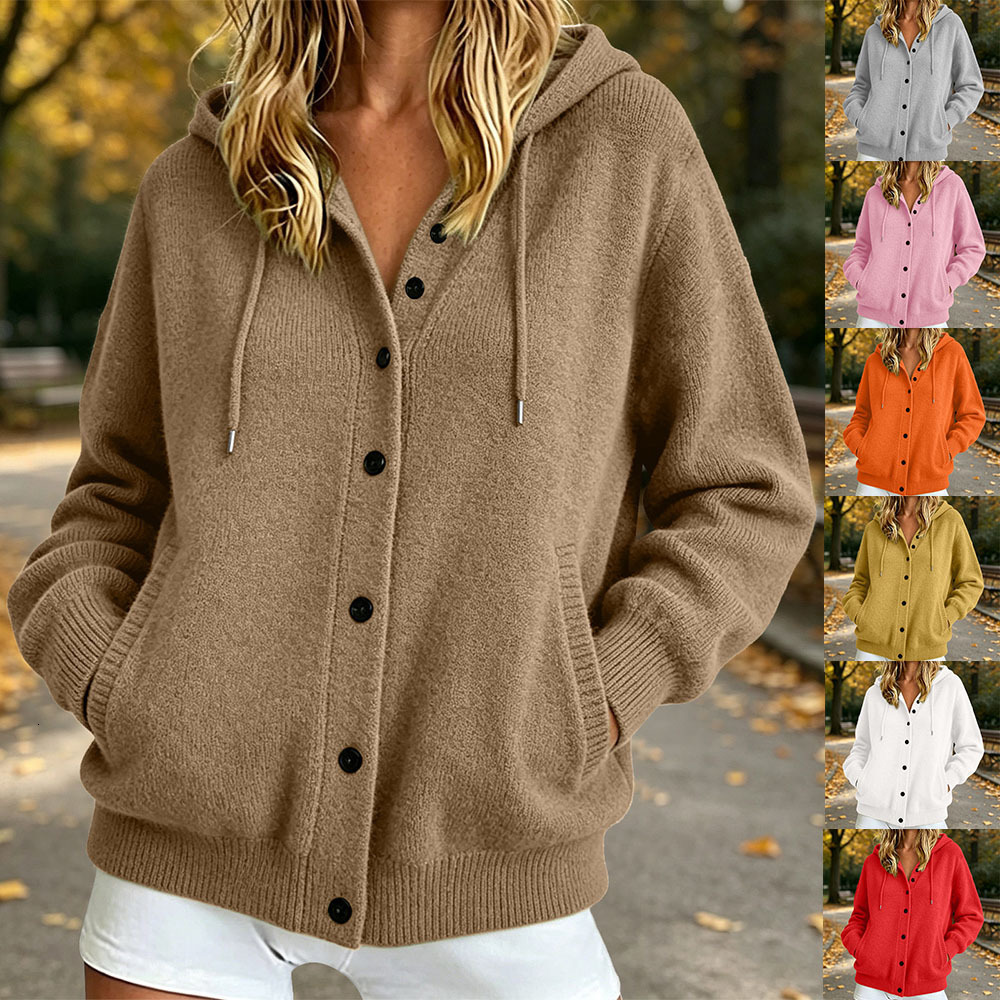 2026 New Designer Women's Button Knit Hooded Sweater Cardigan, Autumn And Winter Solid Color Loose Top With Pockets Suitable For Women