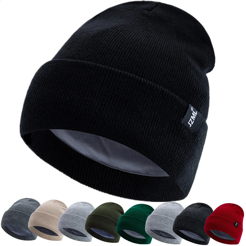 Style JZML Letter Plush Satin Lined Anti-Static Beanie Hat Autumn Winter Hats For Men And Women Outdoor Knitted Hats261016