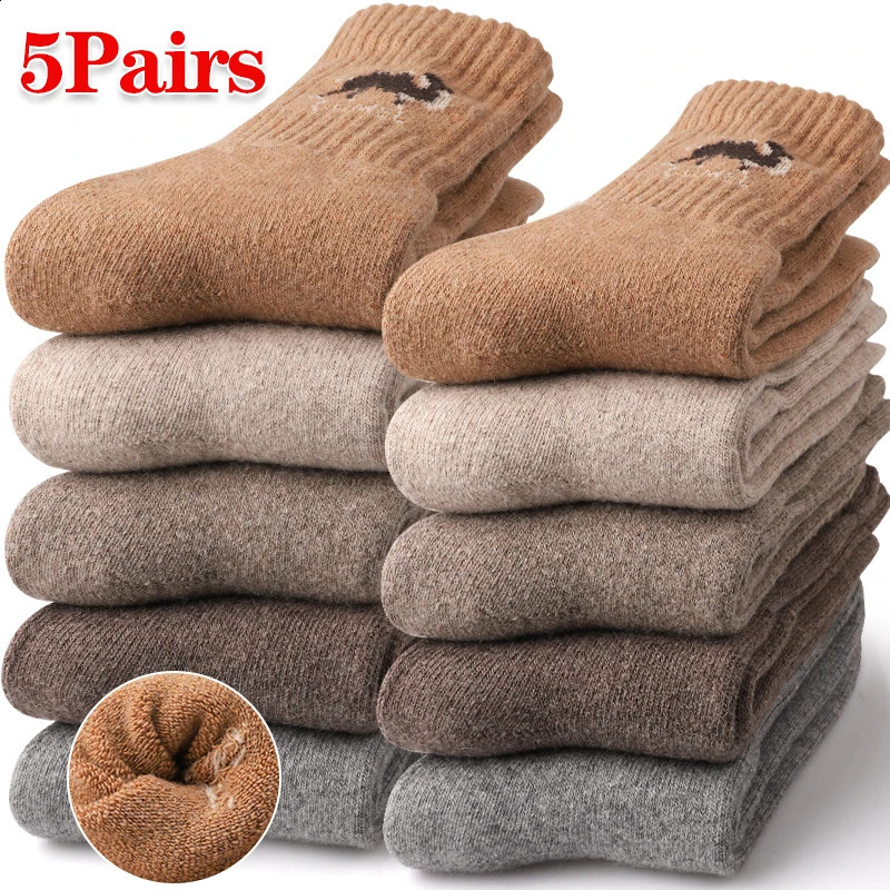 5 Pairs Thicken Camel Print Crew Socks Mens Winter Casual Heavy Knit MidCalf Sock Fleece Lined Comfort for OutdoorIndoor 261017