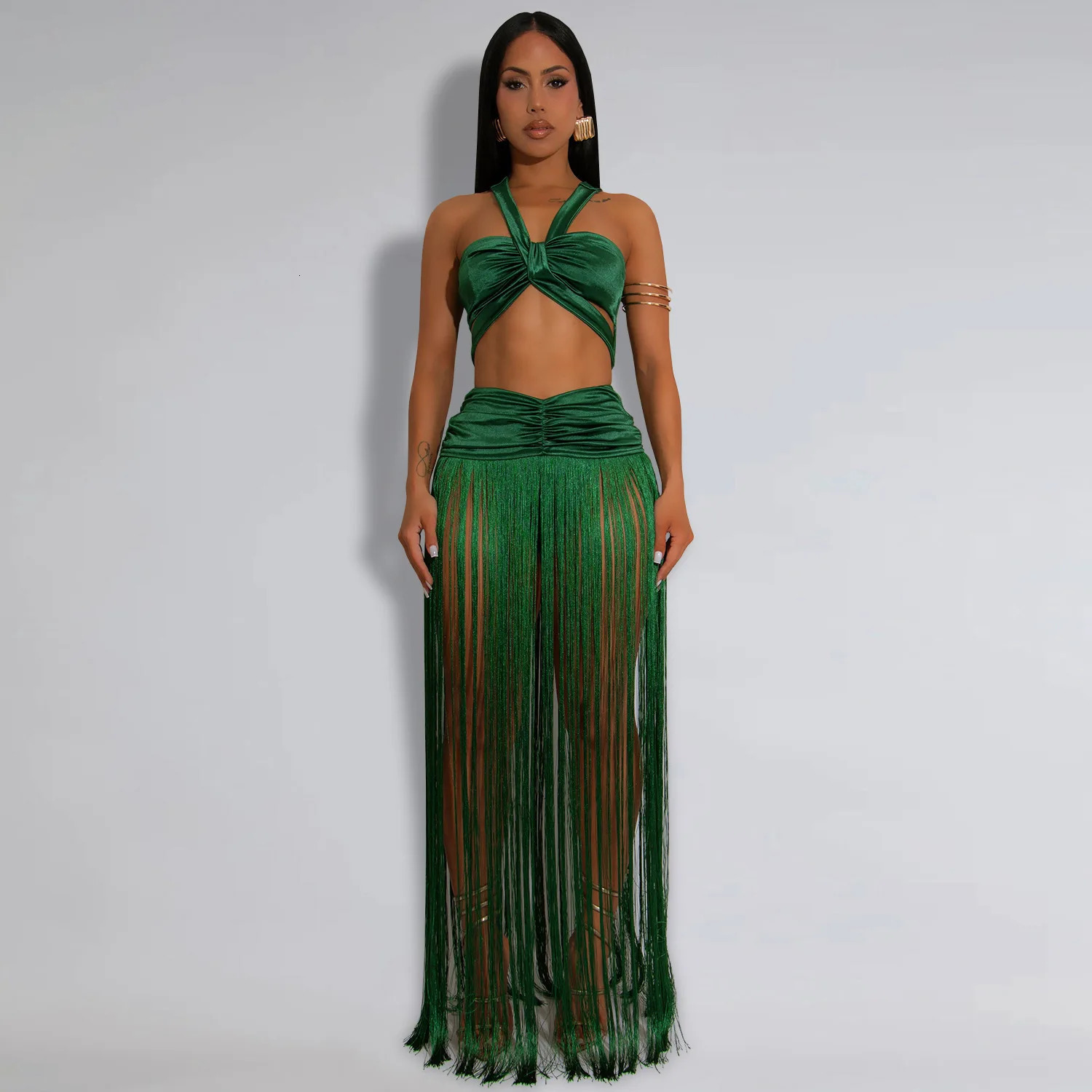 HBLL Women's Beach Style 2 Piece Set Sexy Strappy TopFringe Maxi Skirt Matching Set Summer Outfits Vacation Party Clubwear 261015