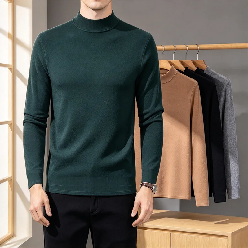 Men's High Collar Long Sleeve Thermal Shirt Autumn Winter Solid Color Mock Neck Pullovers Thick Warm Slim Fit TShirt 261012