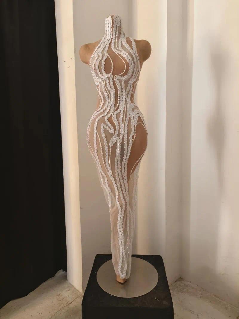 Casual Dresses Elegant White Pearls Sequins Sexy Mesh See Through Long Dress Women Birthday Evening Celebrate Party Nightclub Show Stage