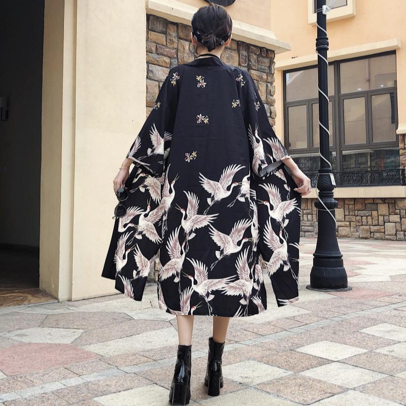 Kimono Cardigan Cosplay Costume Cape Men Women Japanese Style Loose Long Crane Haori Yukata Outerwear Summer Halloween Party Performance Fancy Dress