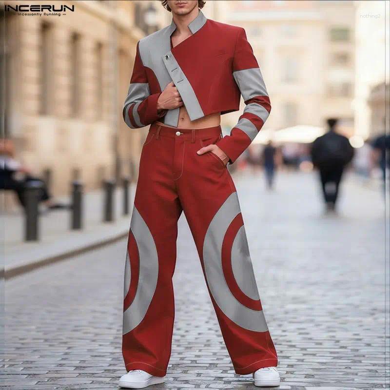 Men Sets Patchwork Color-block Stand Collar Long Sleeve Crop Jackets & Pants 2PCS Streetwear Loose Fashion Men's Suits