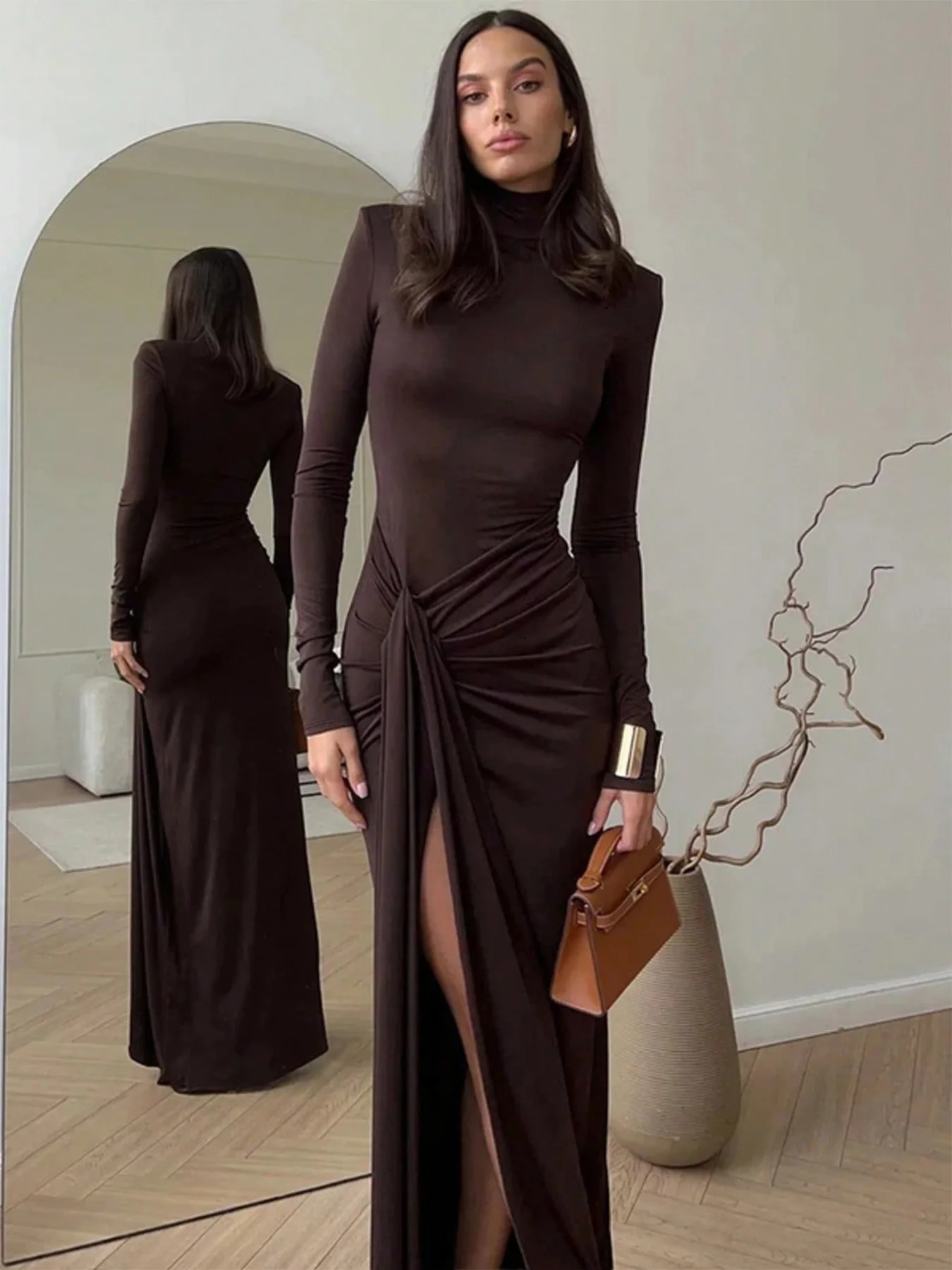 Chic Turtleneck Bodycon Maxi Dress Ruched Side High Slit Long Sleeve Gown Vintage Elegant Outfit for Evening Party Prom Dresses 261015