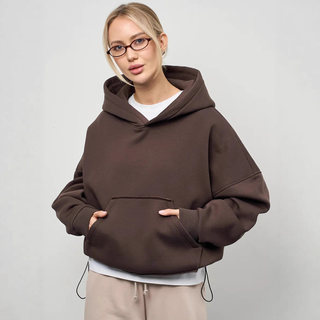 Women New Solid Color Long Sleeve Hooded Pullover Sweatshirt Waist Cinching Short Top With Pockets Trendy Soft Casual Daily Street Outerwear For Lad