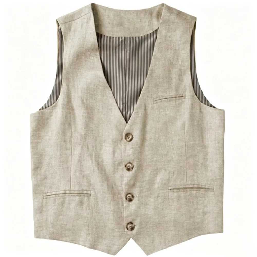 Linen Men's Vests Men's Beige Vest V Neck Summer Waistcoat Single Breasted Light Weigt Men's Suits VestW261017
