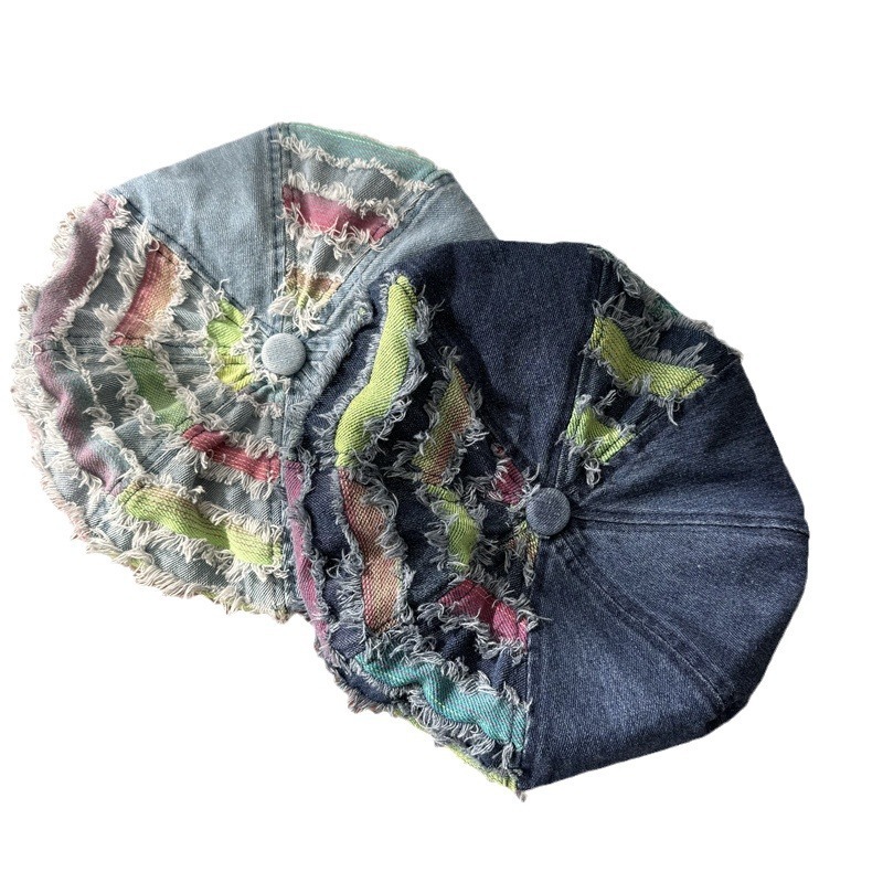 Denim Beret for Women Korean Niche Color Striped Vintage Painter Spring Summer Versatile Internet Celebrity Style Student Octagonal Hat