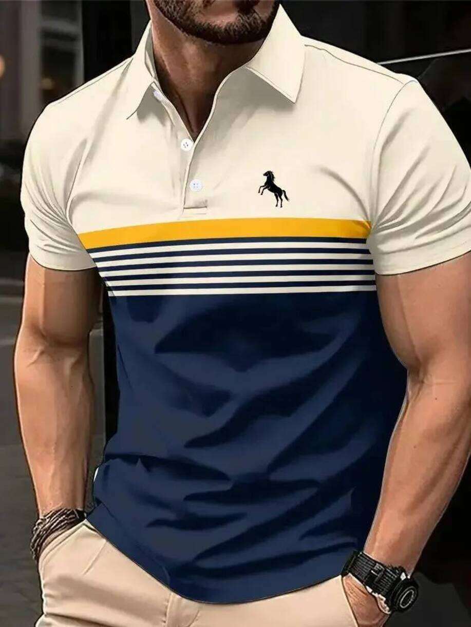 Professional Performance Golf TShirts Mens Casual Short Sleeve Polo With 3D Horse Print Striped Color Block * Sporty Style Collared fourway stretch