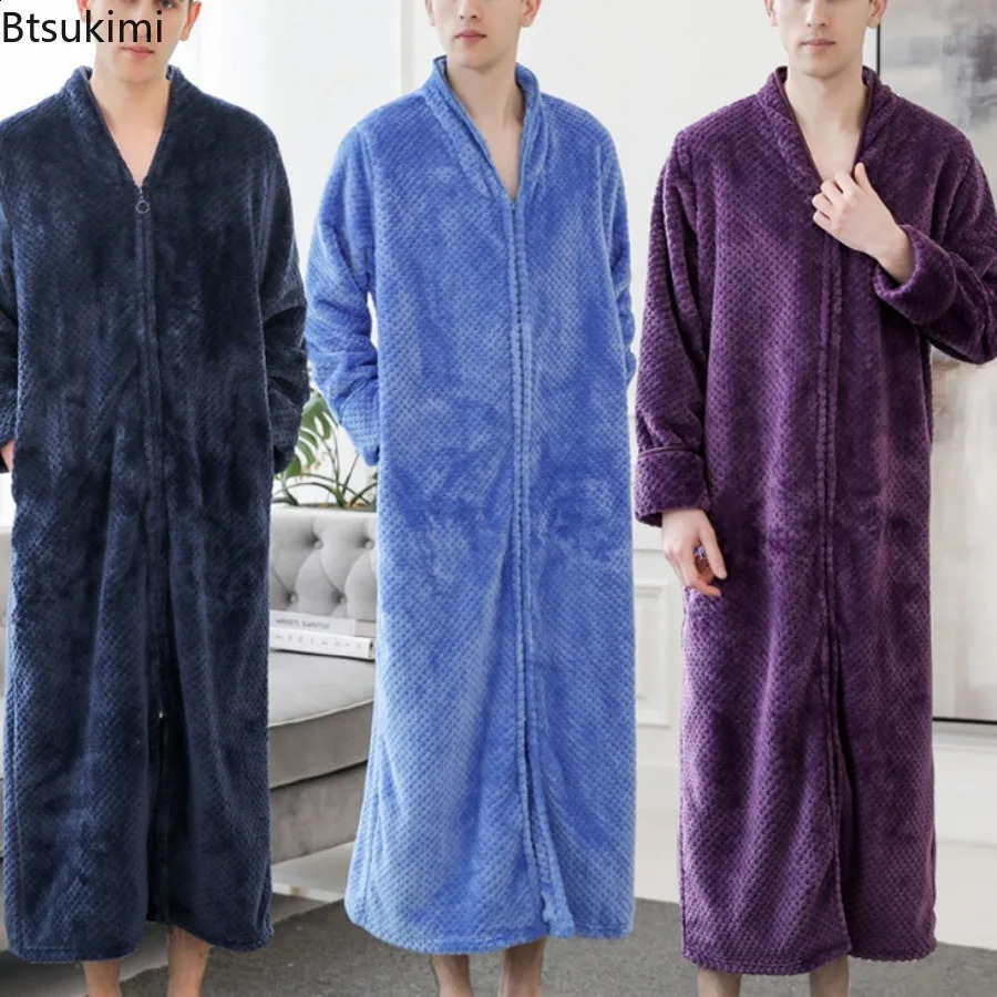 Mens Autumn Winter Warm Long Flannel Bathrobe Solid Color Zipper Thickened Extended Pregnant Women and Men Sleepwear 261017
