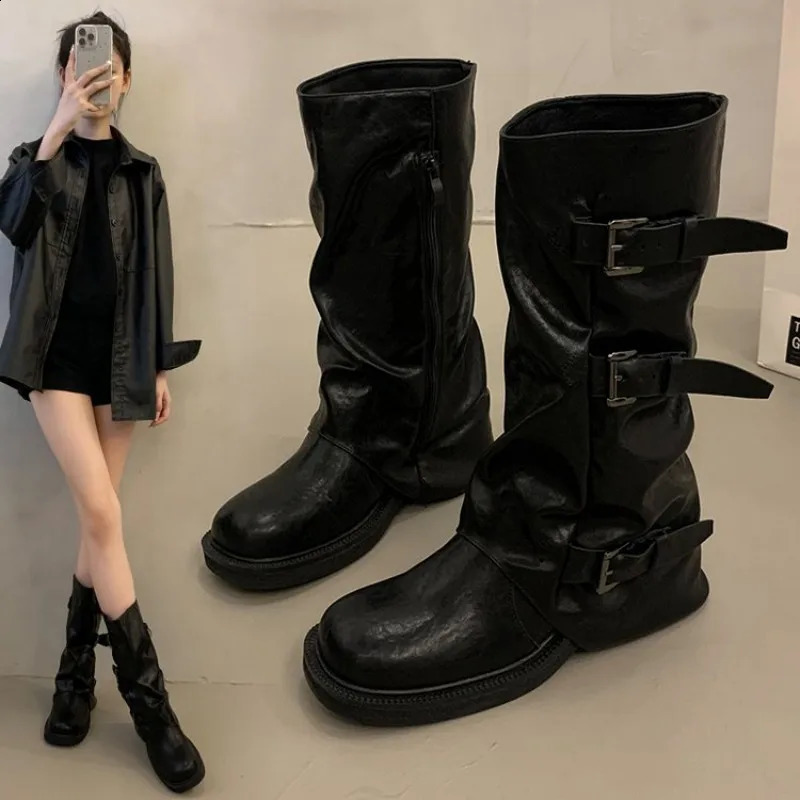 Round leather strap buckle women's boots - Spring/autumn style retro black denim boots knight boots slim mid-calf boots 261013