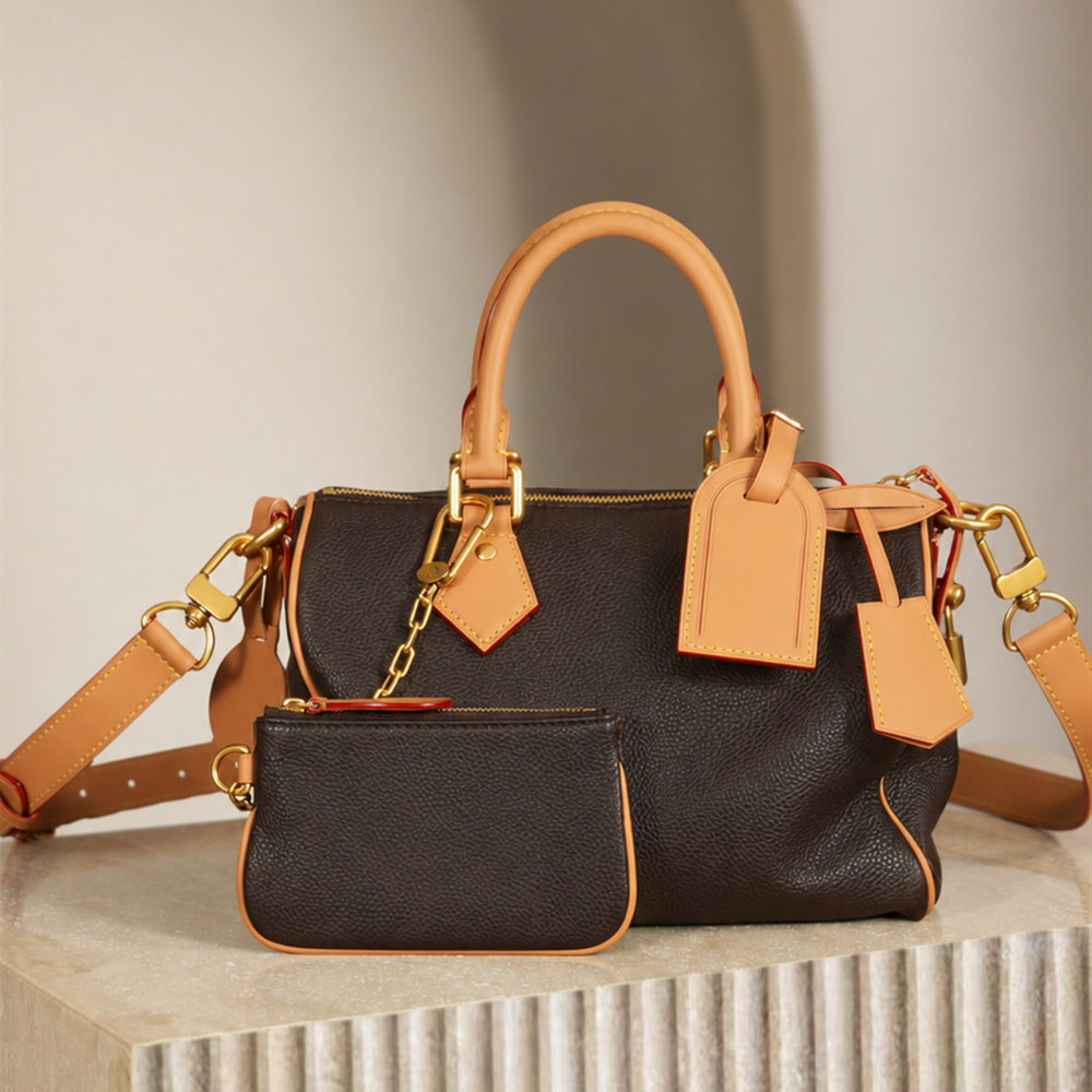 Leather Bowling Bag Soft Calfskin Double Top Handle Detachable Crossbody Strap Zip Pouch Vintage Chic Top-Tier Designer New Arrival