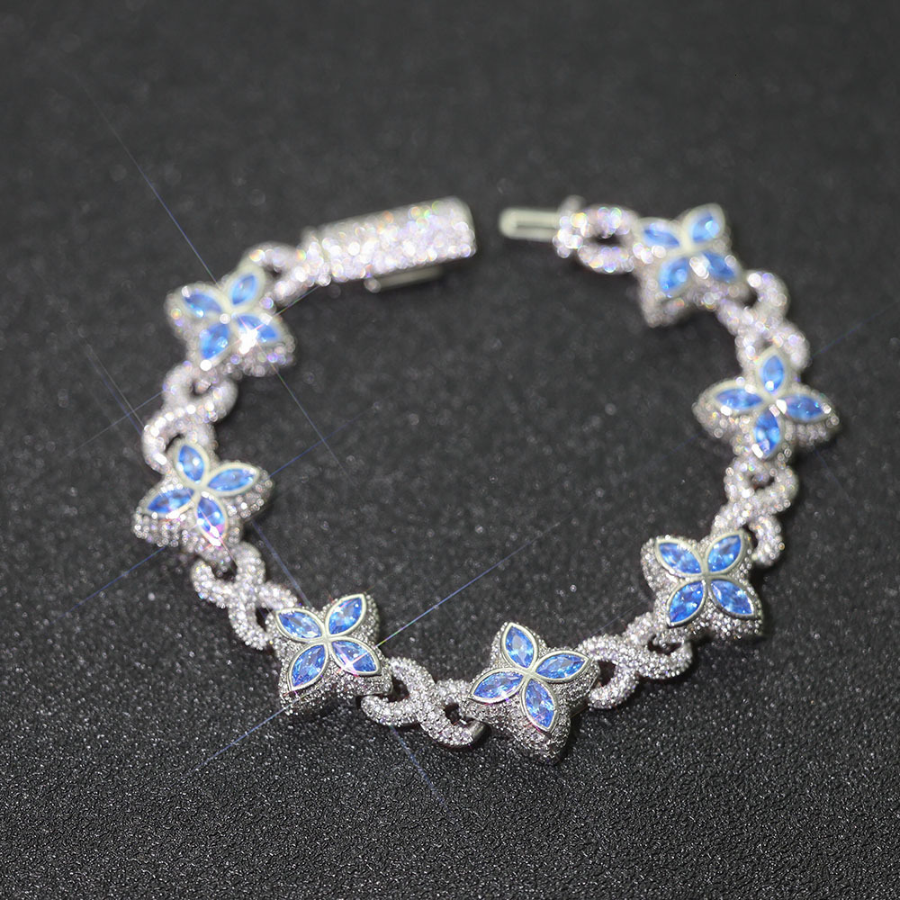 2027Iced Out Hip Hop Jewelry 8mm Diamond Flower Chain Four Leaf Clover Bracelet Silver Cubic Gift for Anniversary Party