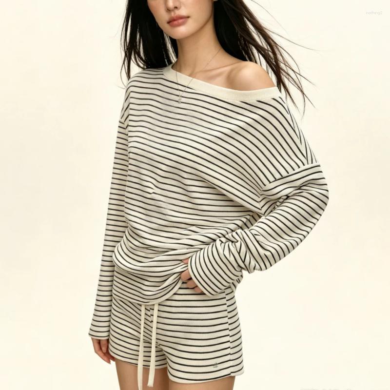 Striped Pajama Set With Shorts Korean Y2k Long Sleeved Off Shoulder Shirts Women's Matching 2 Pieces Home Wear Suit