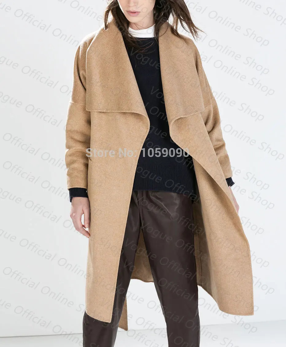 2024FW Top Quality Wool Blend Camel Color Long Trench Coat With Big Pointed Lapels Drop Shoulder Belted 261010