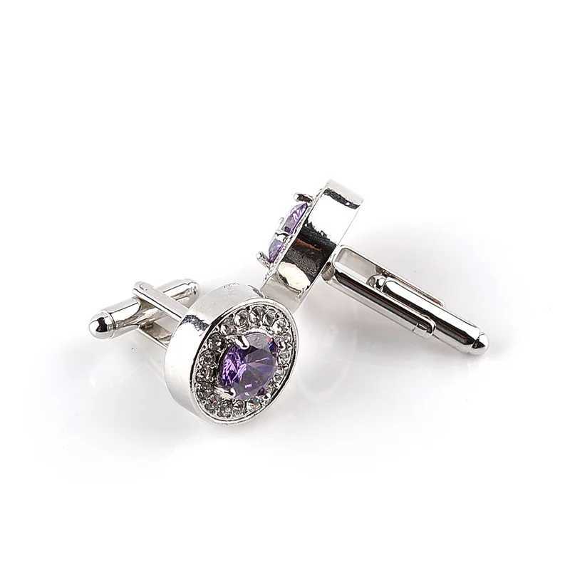Links Luxury High-grade jewelry Cuff Men's White Purple Enamel Crystal Cufflinks Round Wedding Party Cufflink French shirt Cuff ButtonsW261017