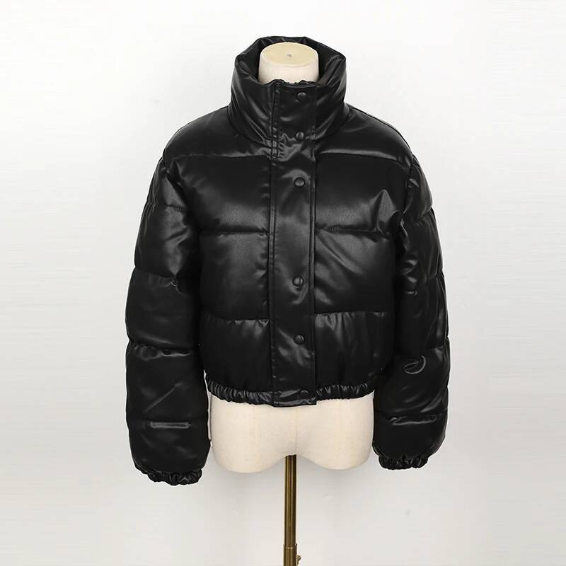 Women Puffer Down Jacket Coat Winter Parka Coat Women's Jacket Thick Warm Fashion Black PU Coats Women Elegant Zipper Faux Leather Jackets Tops